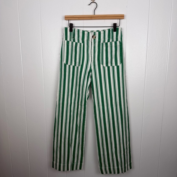 Maeve Pants - Maeve Anthro The Colette Full Length Pants Green White Stripe Linen Blend 26P